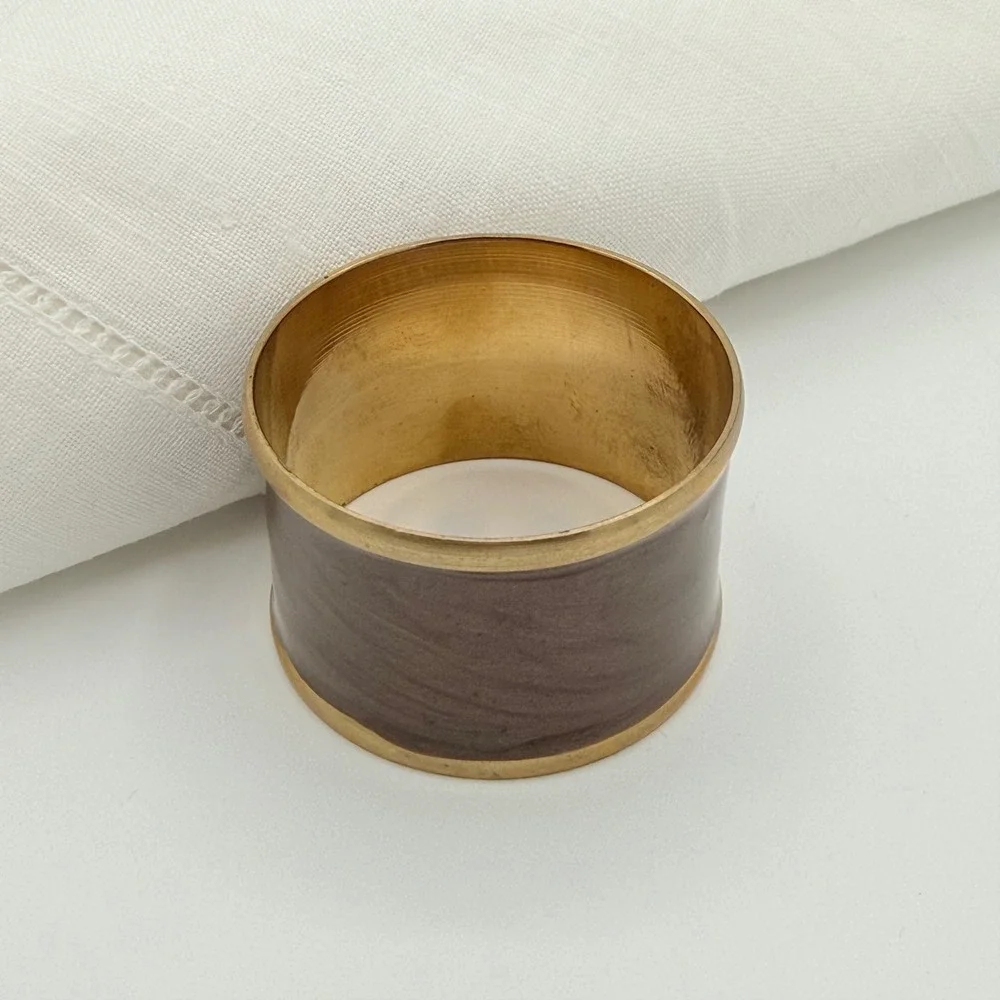 Vintage Brass & Marbled Enamel Napkin Rings Set of 8 Taupe Brown